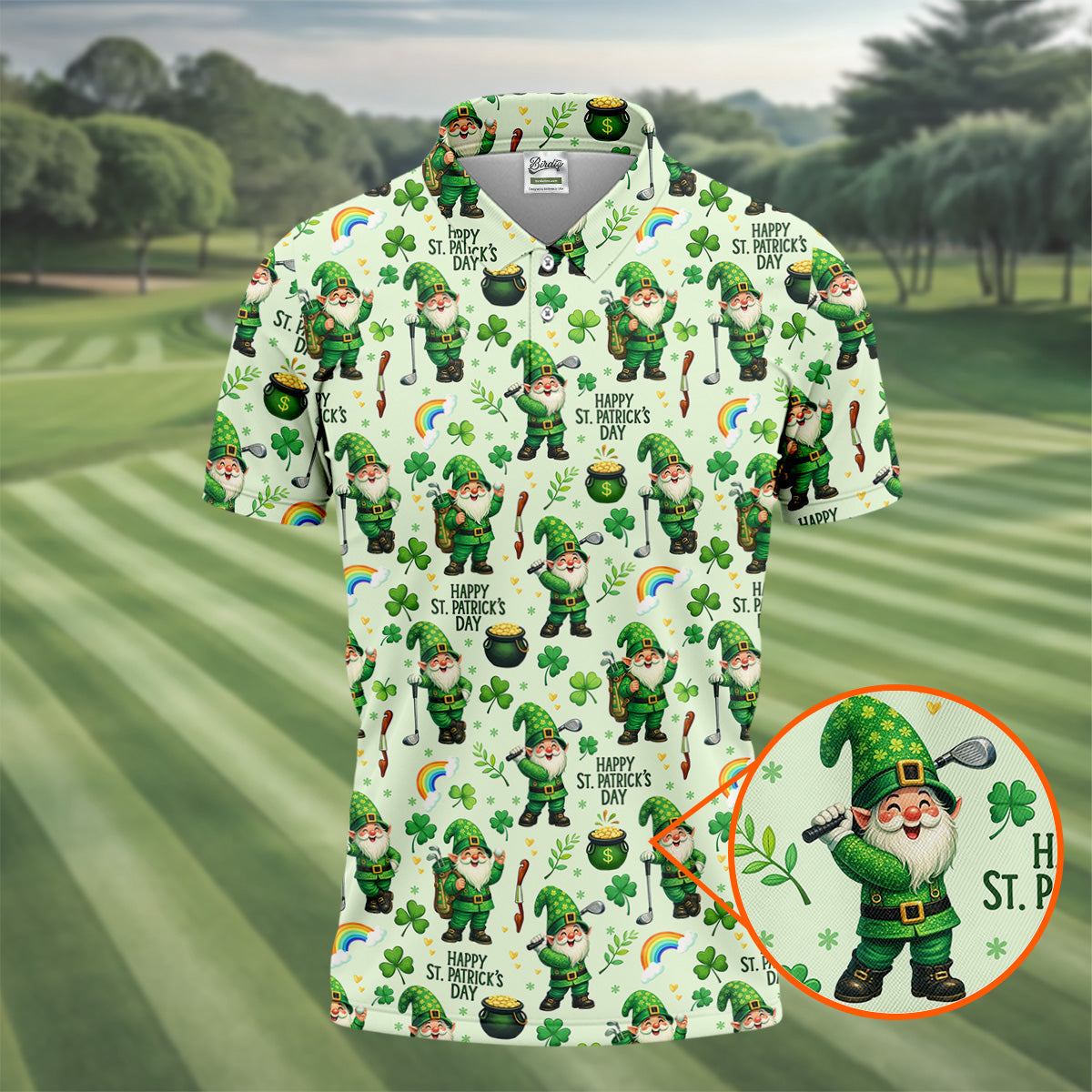 Happy St Patrick's Day Gnomes Shamrock Golf Shirt, Men's Funny Golf Shirts, Golf Shirts For Men
