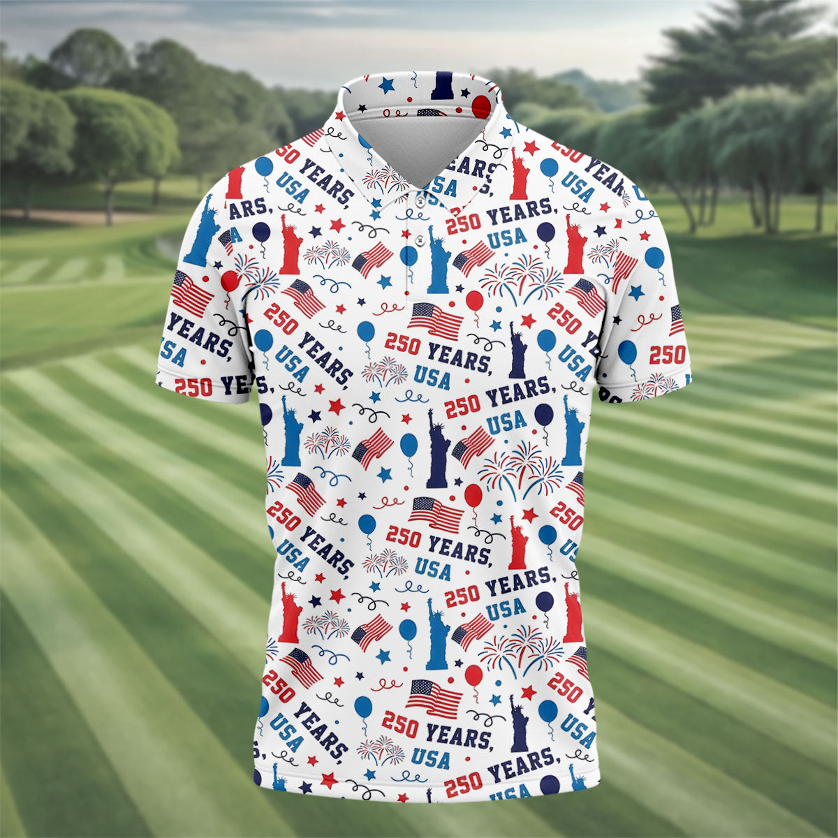 250 Years USA Red White Blue Seamless Pattern White Golf Shirt, Patriotic 4th Of July Golf Shirts For Men