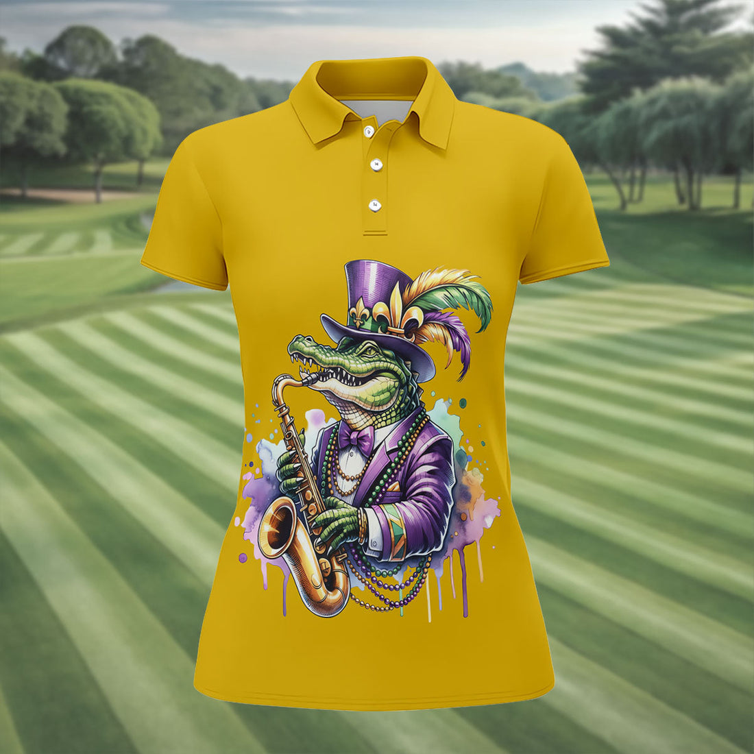 Mardi Gras Alligator Playing Saxophone Yellow Golf Shirt, Women's Golf Tops, Ladies Golf Shirt