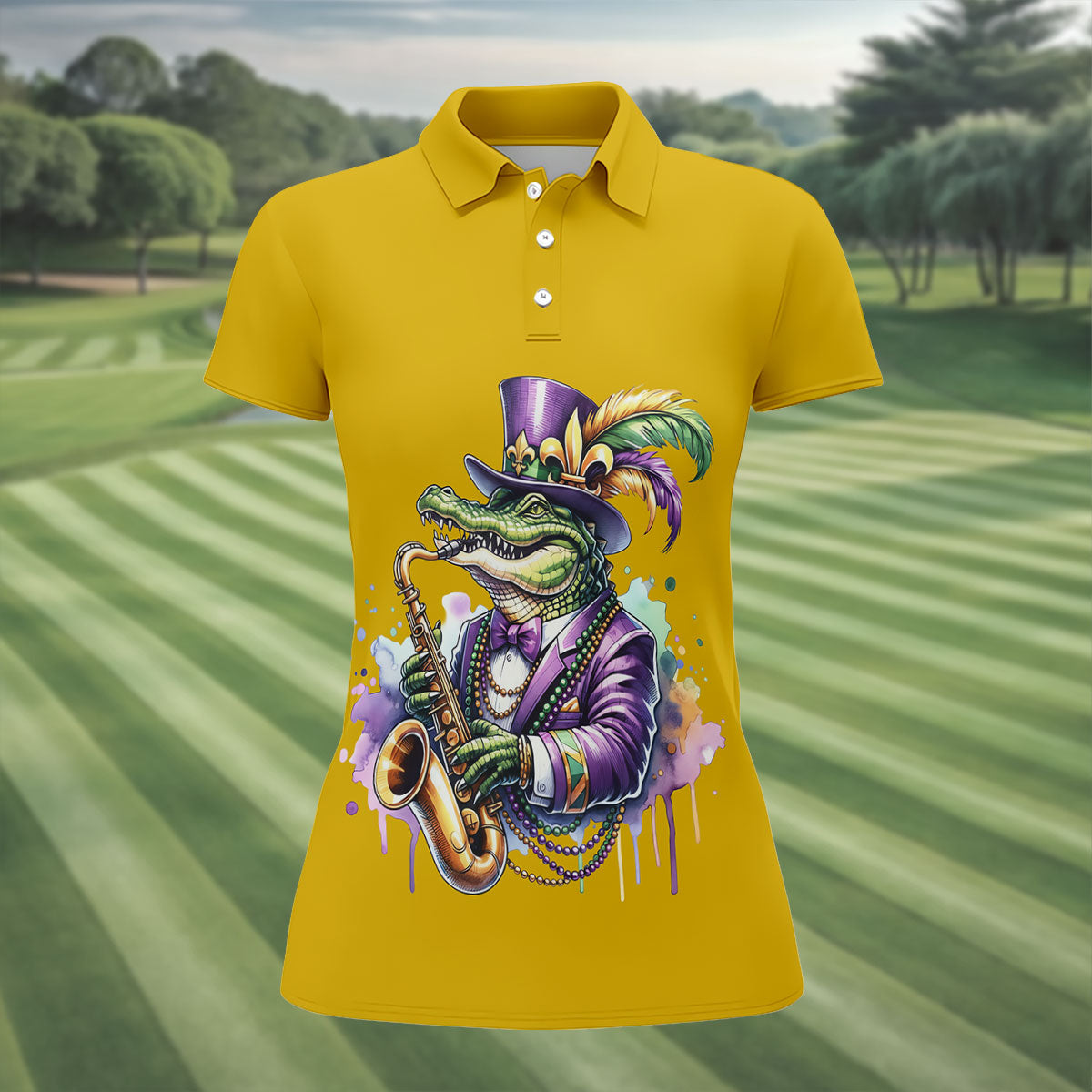 Mardi Gras Alligator Playing Saxophone Yellow Golf Shirt, Women's Golf Tops, Ladies Golf Shirt