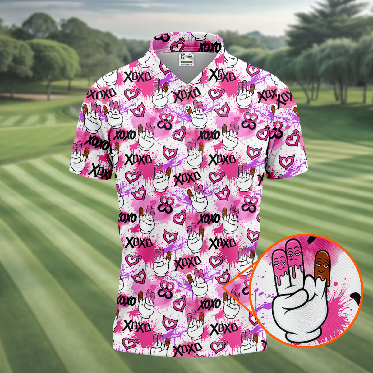 Chocolate Fingers Adult Humor XOXO Pink Splatter Fun Golf Shirts For Men, Valentines Golf Gift, Polo ShirtFor Men