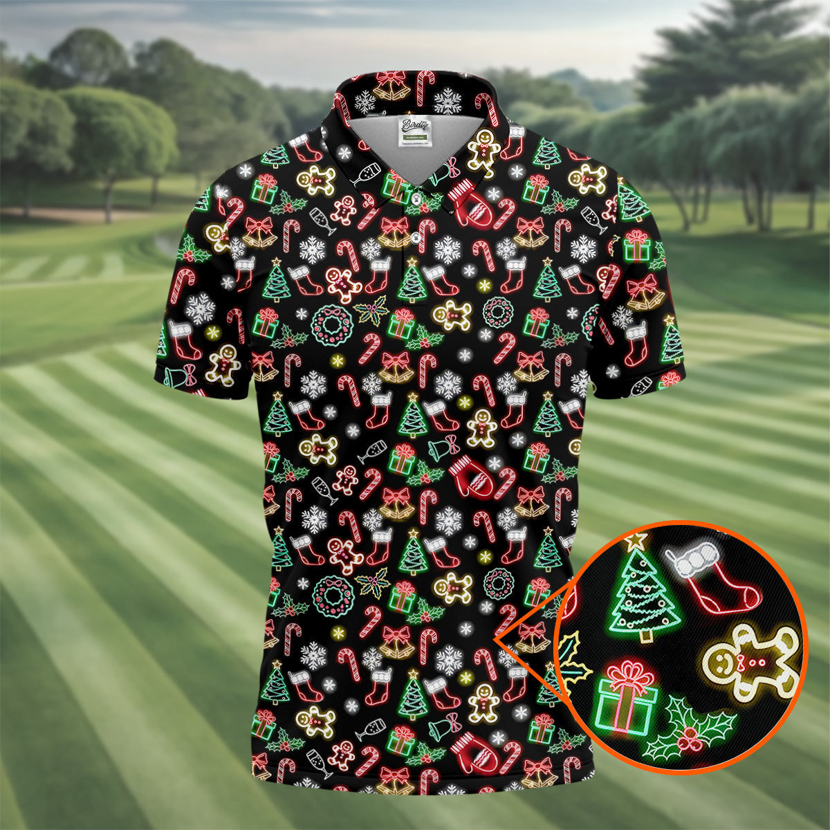 Neon Christmas Pattern Black Golf Polo Shirtun Men's Golf Polos, Christmas Golf Gift, Golfing Apparel