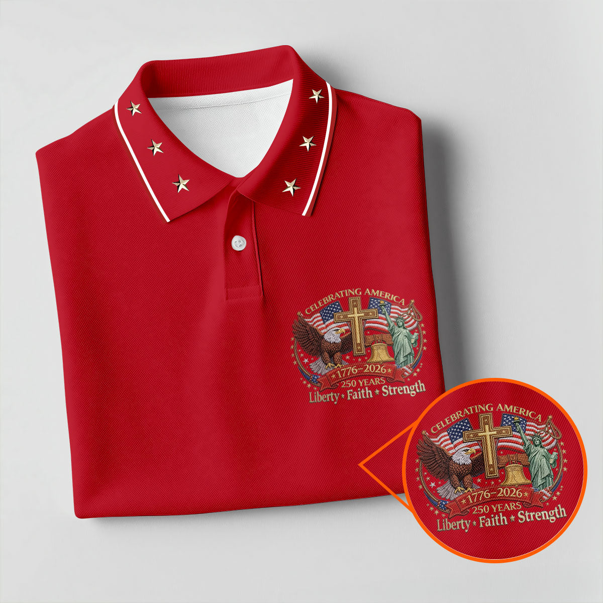 Liberty Faith Strength Faith Cross USA 250 Red Golf Shirt, 4th Of July Golf Shirts For Men
