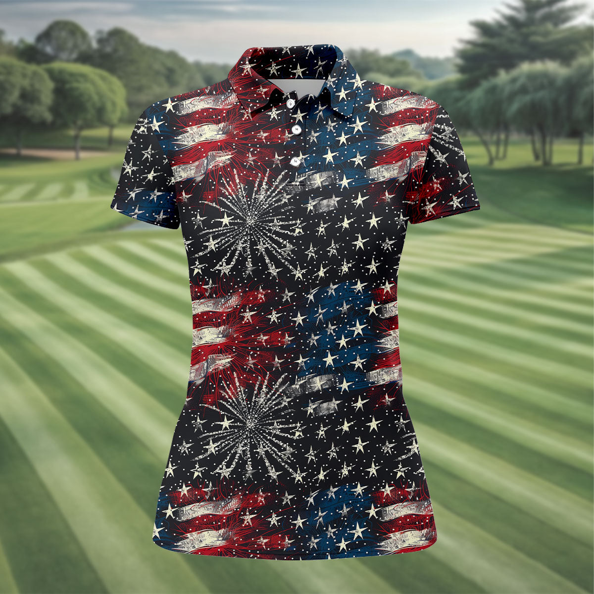 Patriotic American Flag Distressed Color 4th Of July Women Golf Top, 250th Anniversary Ladies Golf Shirts