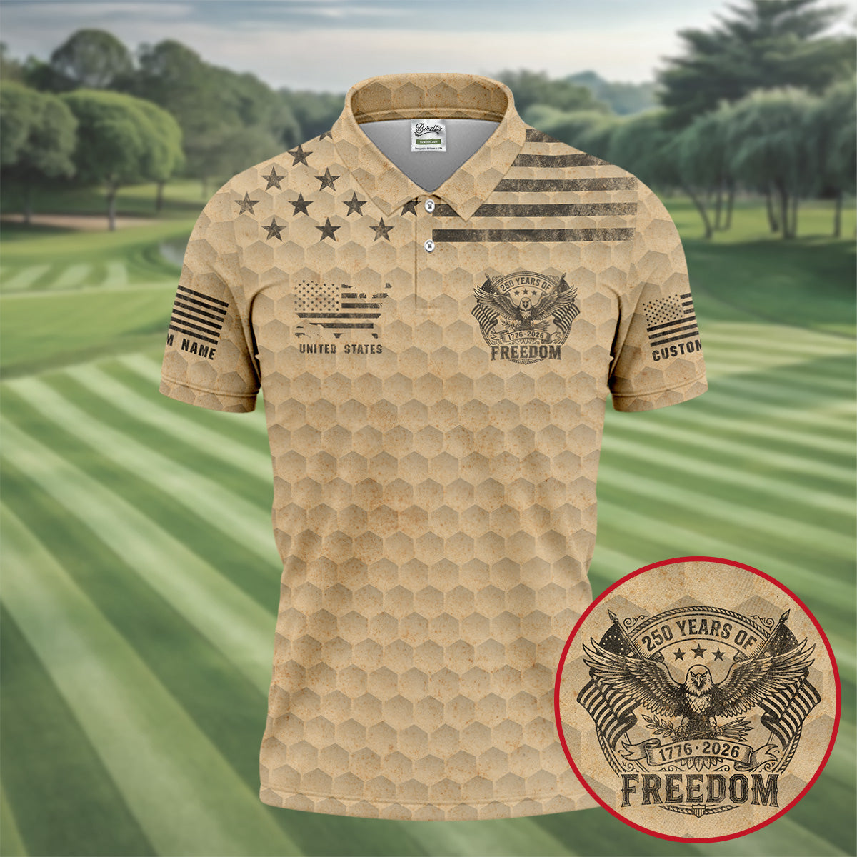 250 Years Of Freedom Distressed Golf Ball Pattern Patriotic Golf Shirt, 4th Of July Golf Shirts For Men