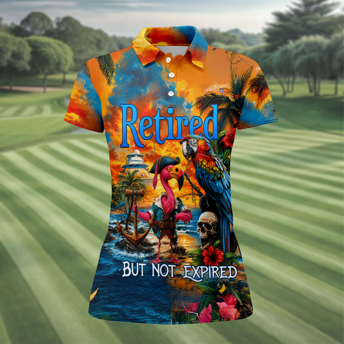 Retired Parrot Flamingo Pirate Tropical Golf Shirt, Women’s Golf Polo, Ladies Golf Shirts, Printed Golf Shirt