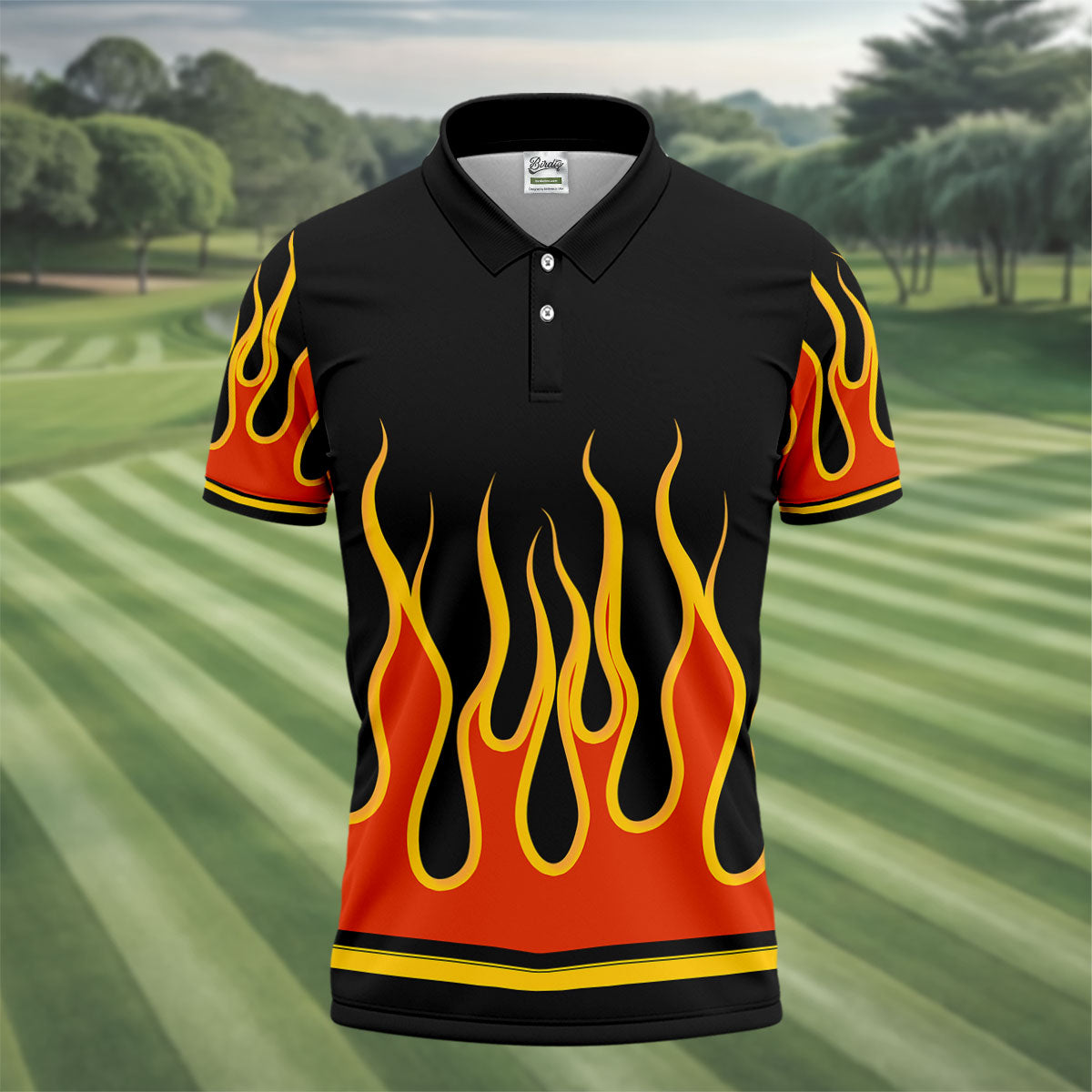 Black Orange Yellow Flame Sleeve Golf Shirt, Mens Golf Polo, Printed Golf Shirts