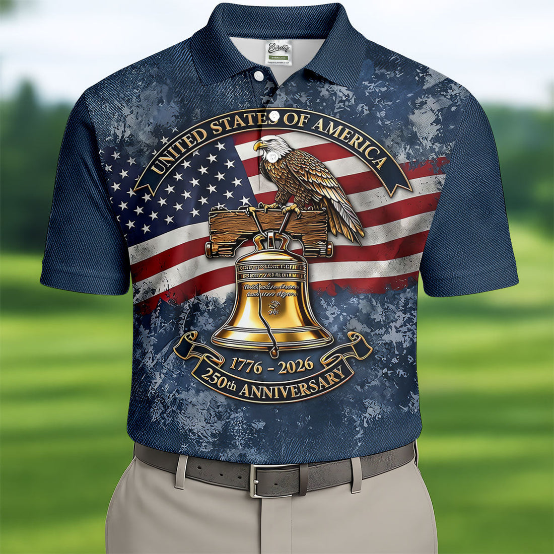 Patriotic Bald Eagle Liberty Bell Distressed Golf Shirt, 250 Years 4th Of July Golf Shirts For Men