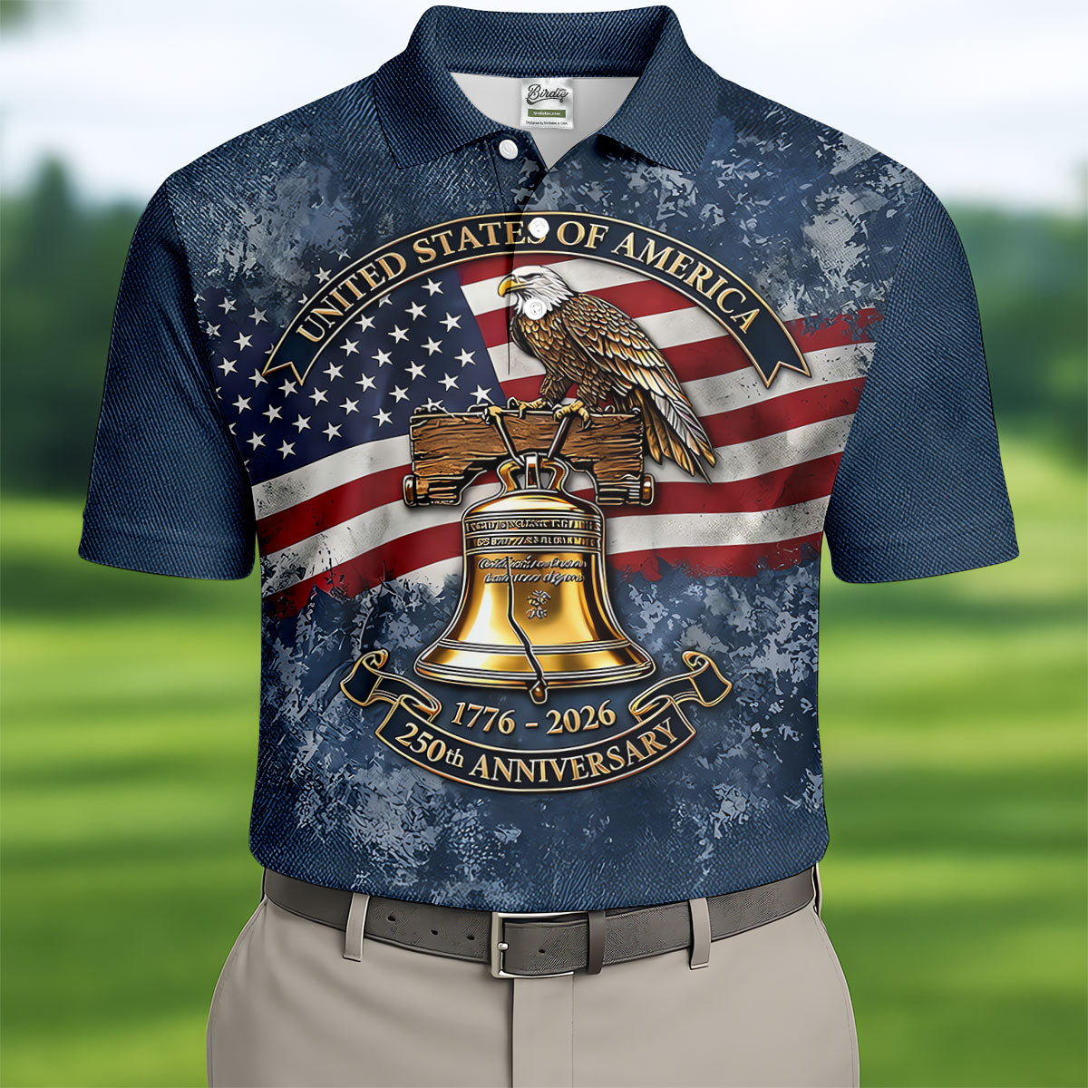 Patriotic Bald Eagle Liberty Bell Distressed Golf Shirt, 250 Years 4th Of July Golf Shirts For Men
