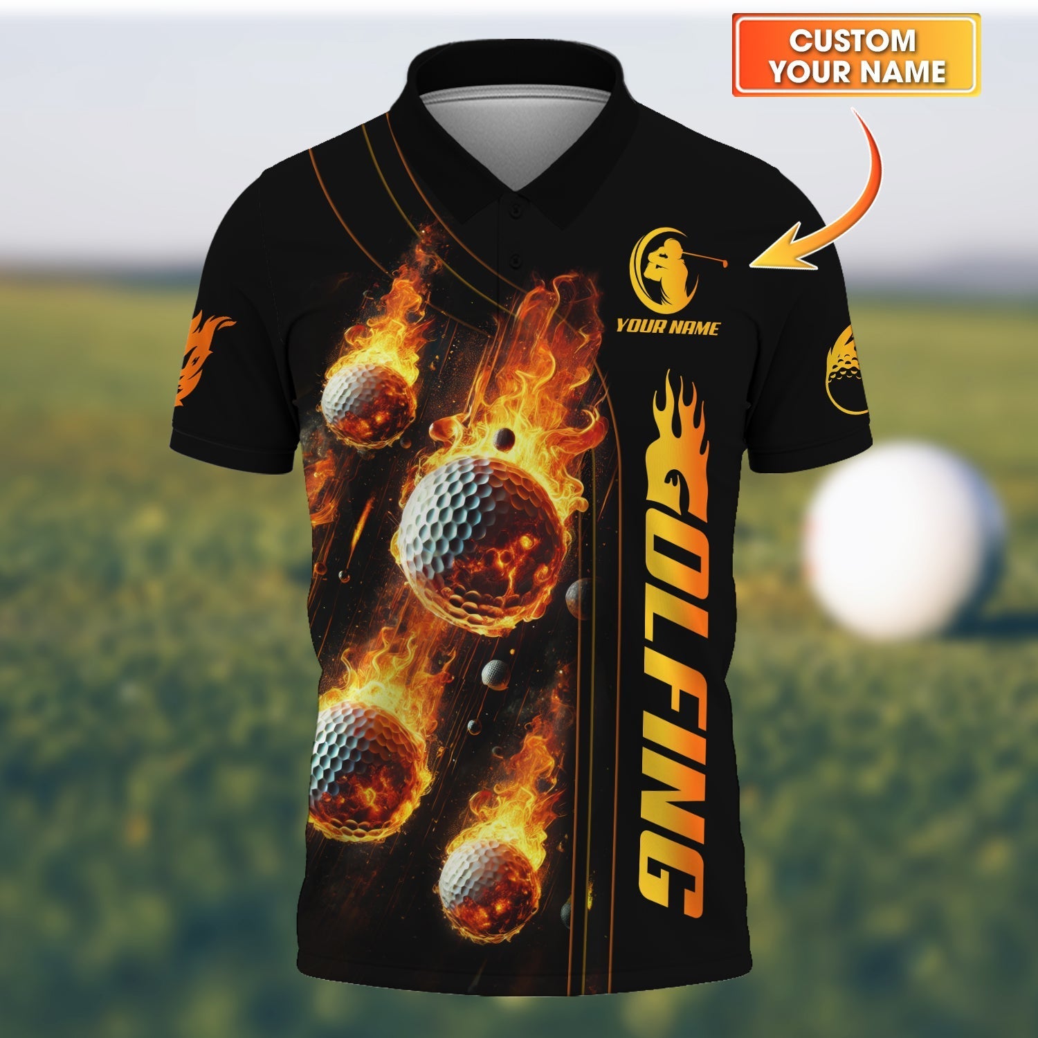 Fire Golf Ball Men's Golf Polo ShirtGolfing Apparel, Mens Golf Gift, Gift For Golf Lovers