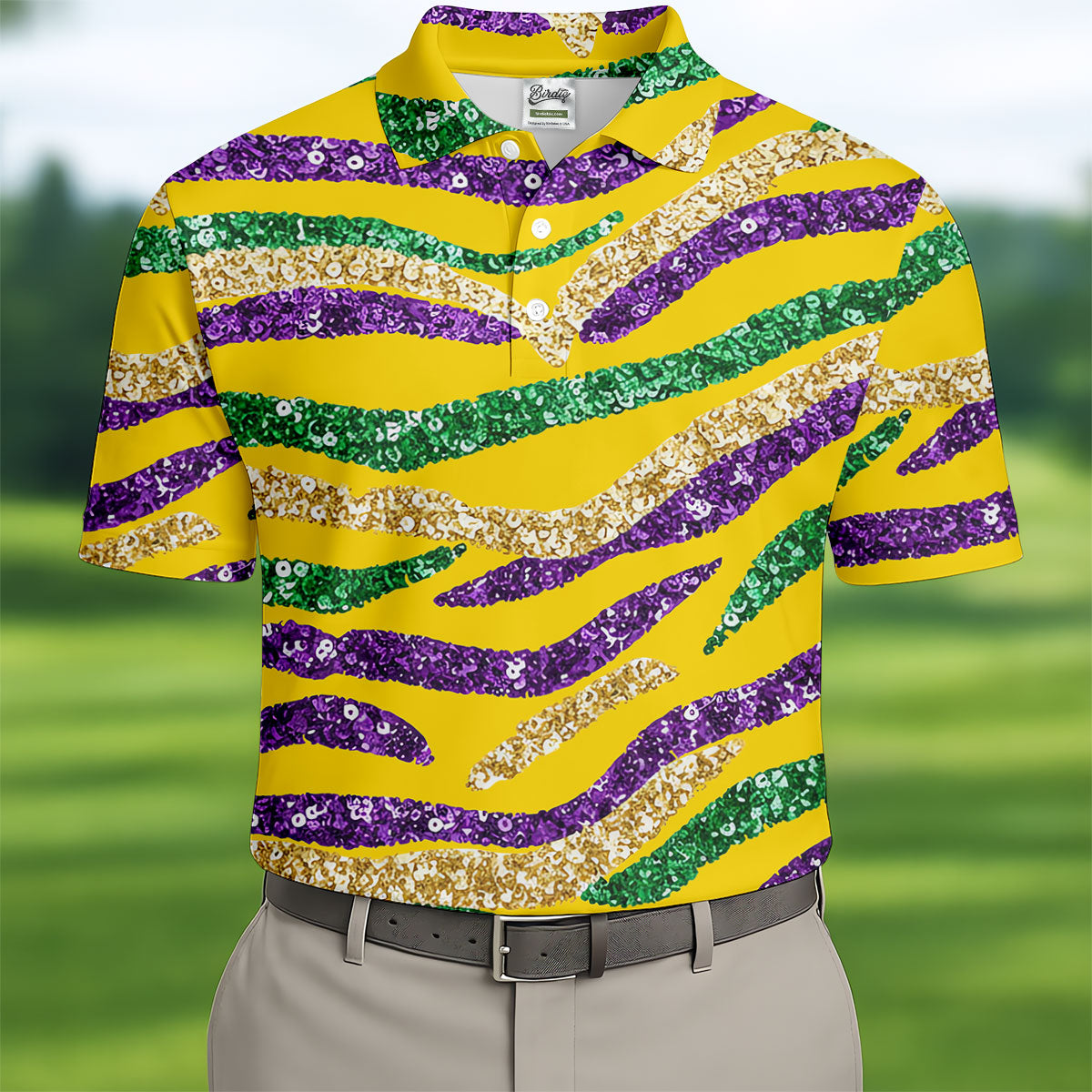Purple Green Gold Sequin Pattern Yellow Golf Shirt, Mardi Gras Golf Shirt, Polo ShirtFor Men