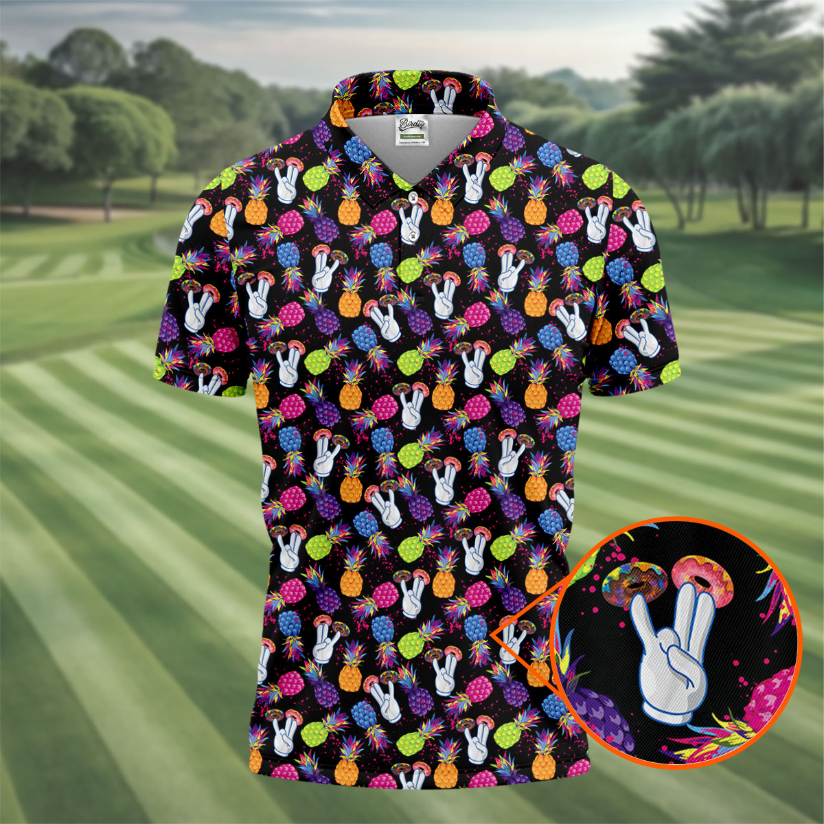 Hawaiian Pineapples Donut Finger Fun Golf Shirts For Men, Adult Humor Golf Polo, Funny Golf Shirts