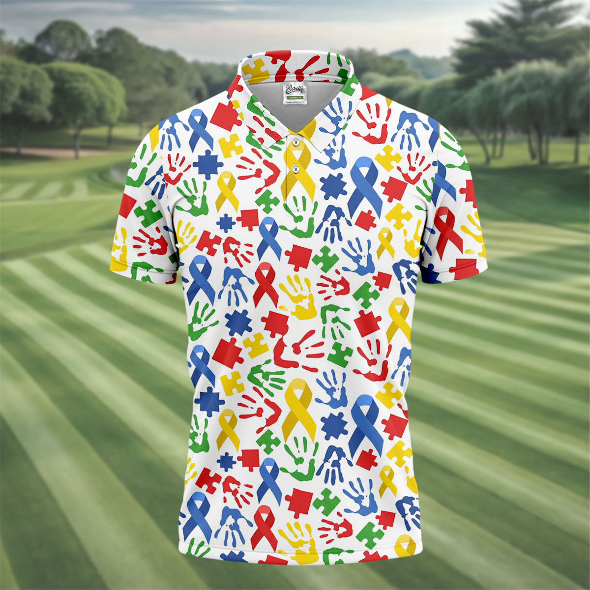 Autism Ribbon Colorful Puzzle Pieces Handprints Golf Tops For Men, Polo ShirtFor Men, Golf Shirts For Men