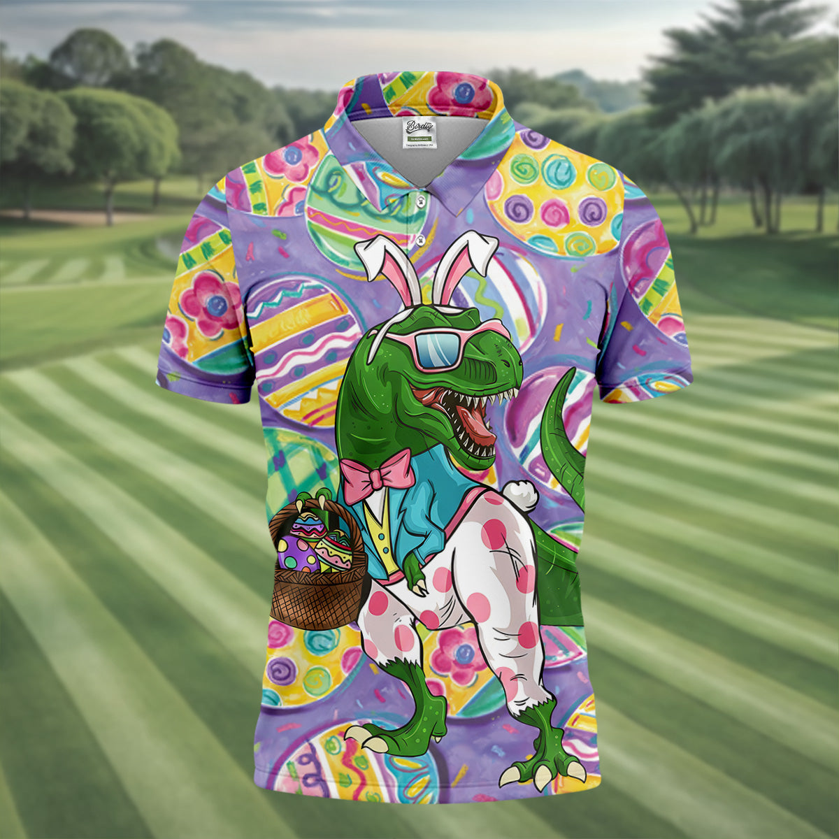 T-Rex Bunny Painted Easter Eggs Golf Shirts For Men, Men's Funny Golf Shirts, Polo ShirtFor Men