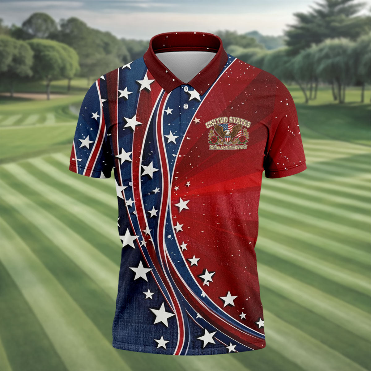 US 250th Anniversary Red White Navy Stars And Stripes Patriotic Golf Shirt, 4th Of July Golf Shirts For Men