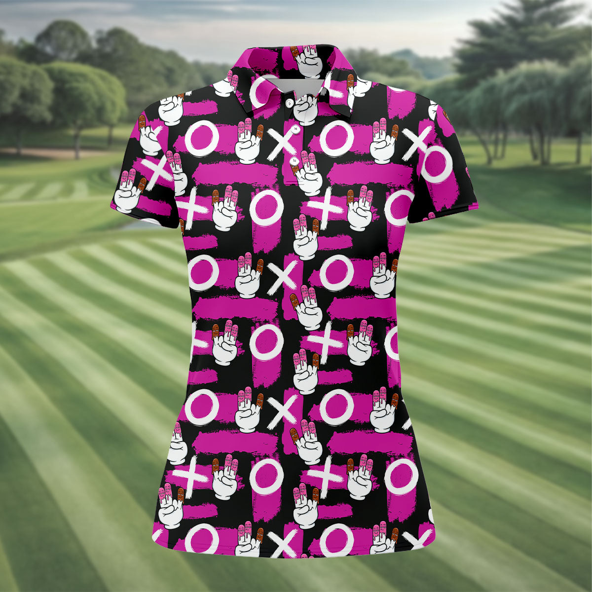 Chocolate Fingers Adult Humor XOXO Black Purple Fun Women's Golf Shirts, Valentines Golf Gift, Women's Golf Tops