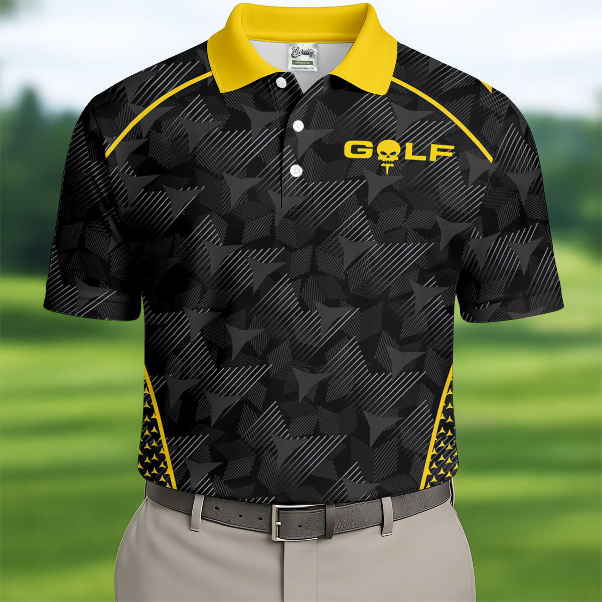 Abstract Triangle Black Yellow Golf Tops For Men, Father's Day Golf Gift, Polo Shirtor Men