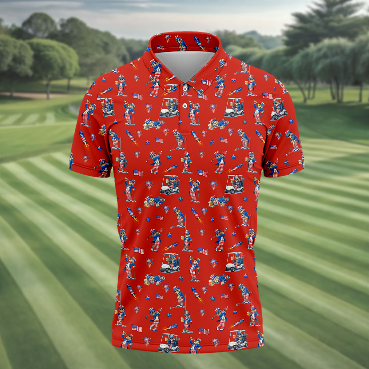 Patriotic Man Golf And Beer Funny 4th Of July Red Golf Shirt, 250 Years Seamless Pattern Golf Shirts For Men