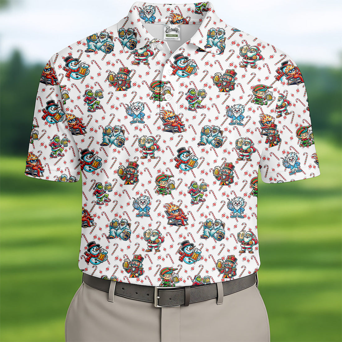 Christmas Character Beer Candy Cane Pattern Golf Tops For Men, Christmas Golf Shirt, Polo ShirtFor Men