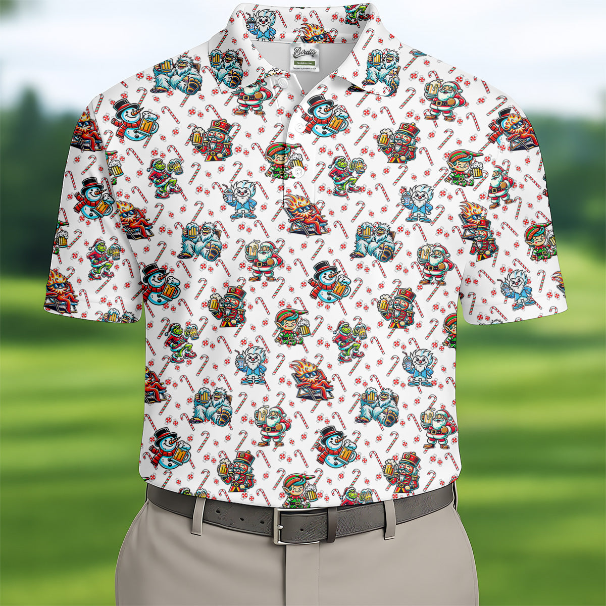 Christmas Character Beer Candy Cane Pattern Golf Tops For Men, Christmas Golf Shirt, Polo ShirtFor Men