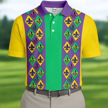 Purple Green Gold Fleur De Lis Argyle Pattern Mardi Gras Golf Shirt, Golf Shirts For Men, Polo ShirtFor Men