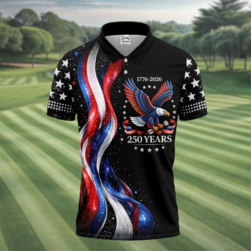 America Bald Eagle Red And White Striped Ribbon 4th Of July Golf Shirt, 250th Anniversary Golf Shirts For Men