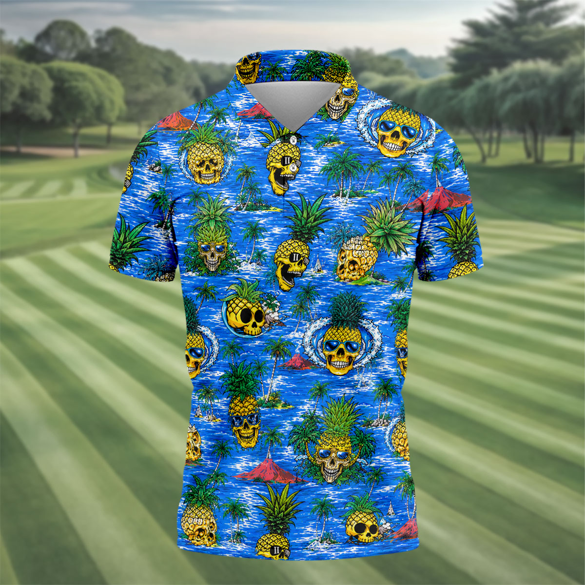 Pineapple Skull Golf Shirt, Tropical Island Volcano Pattern, Golf Shirt For Men