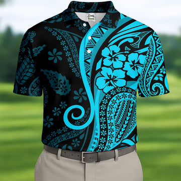 Island Tribal Golf Shirt, Blue Hawaiian Hibiscus Polo, Polo Shirts For Men