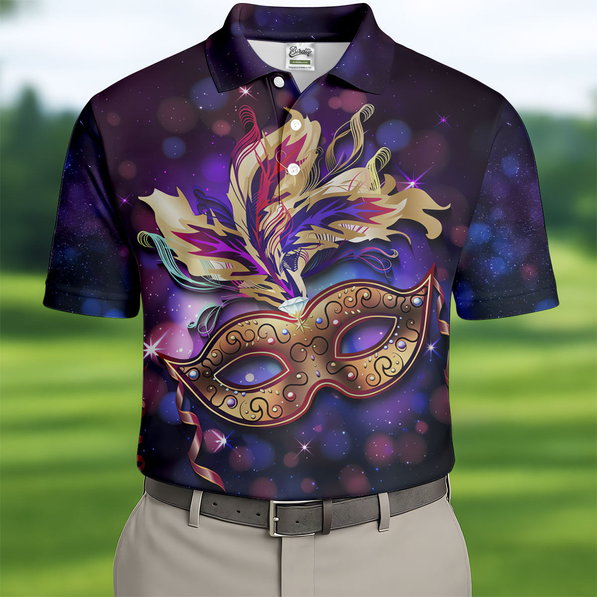 Mardi Gras Mask Feather Ribbon Purple Golf Shirt, Polo ShirtFor Men, Golf Shirts For Men