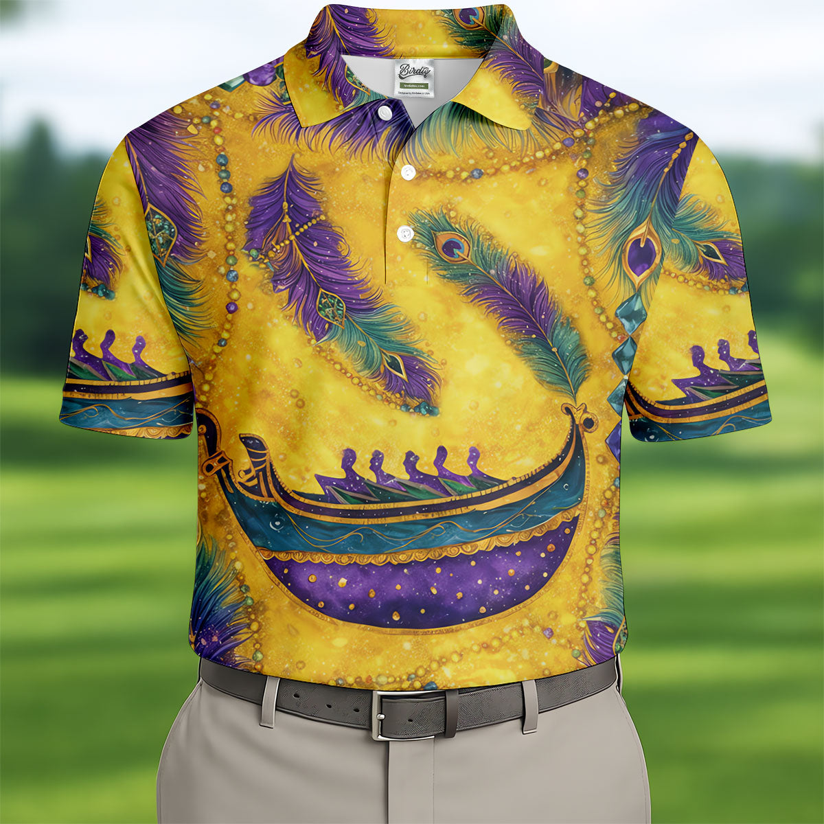 Mardi Gras Day Gradient Art Feather Print Retro Men's Golf Polo Shirt Golf Shirts For Men