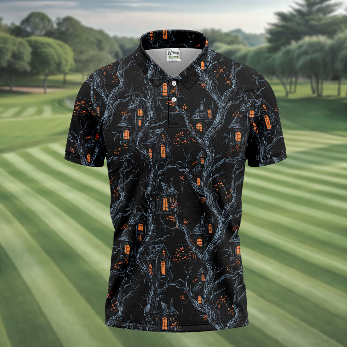 Haunted House Halloween Golf Tops For Men, Black Golf Polo ShirtGolfing Apparel, Polo For Men
