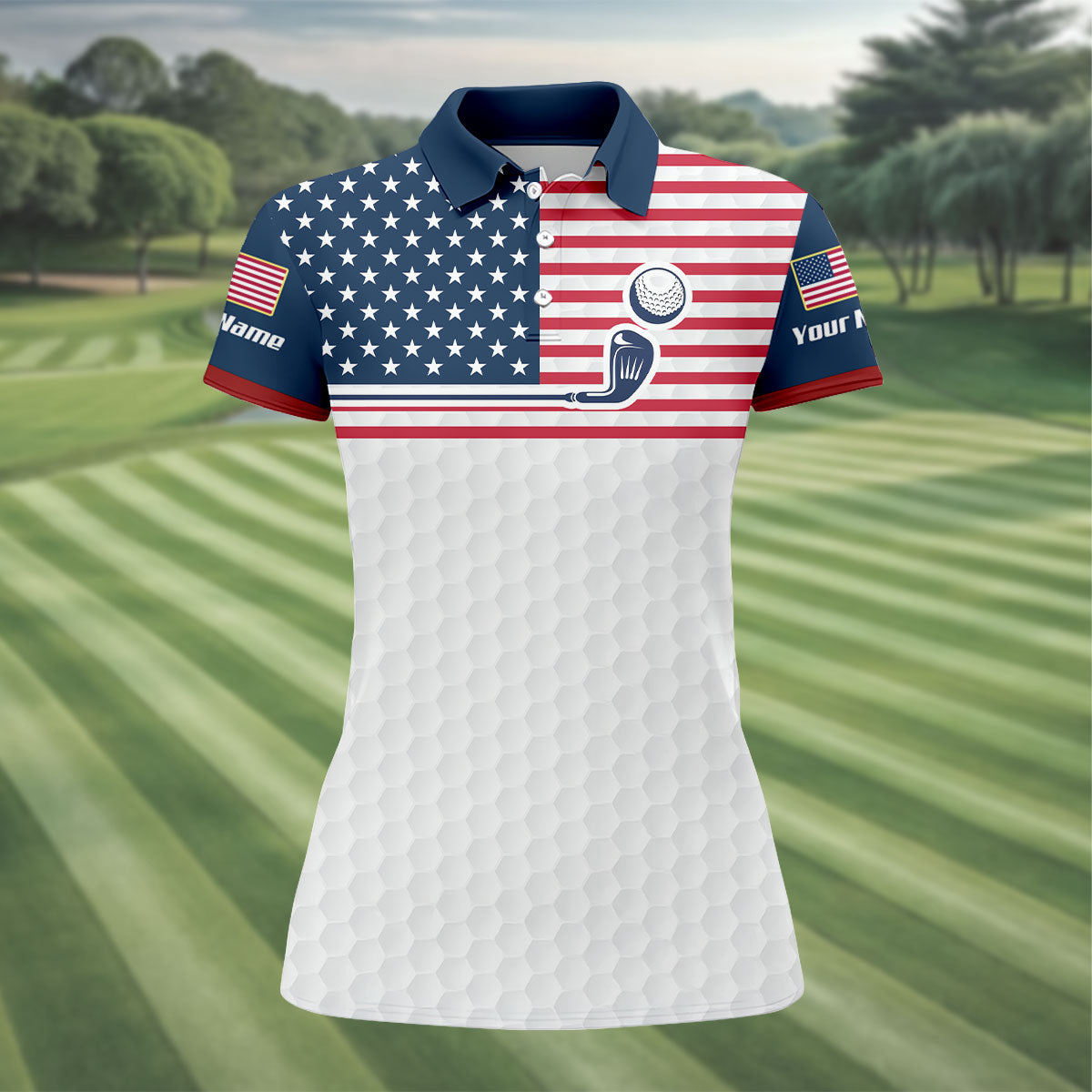 Patriot American Flag Golf Ball Pattern Women's Golf Tops, 250th Anniversary Patriotic Golf Shirt