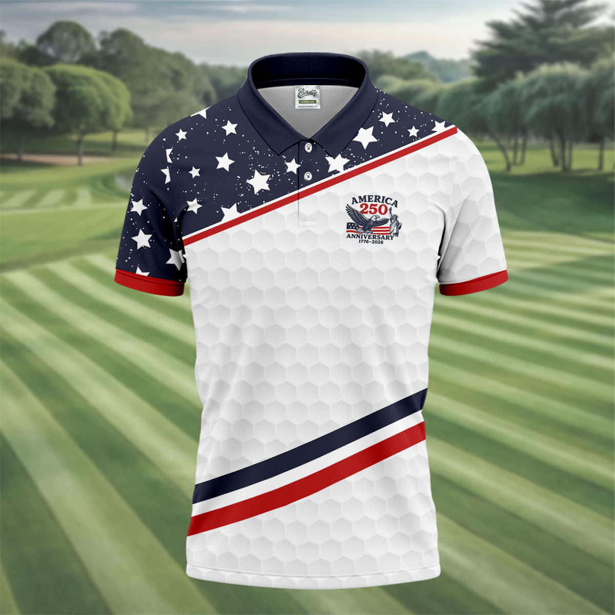 America 250 Anniversary Golf Ball Pattern Retro Golf Shirt, Patriotic 4th Of July Golf Shirts For Men