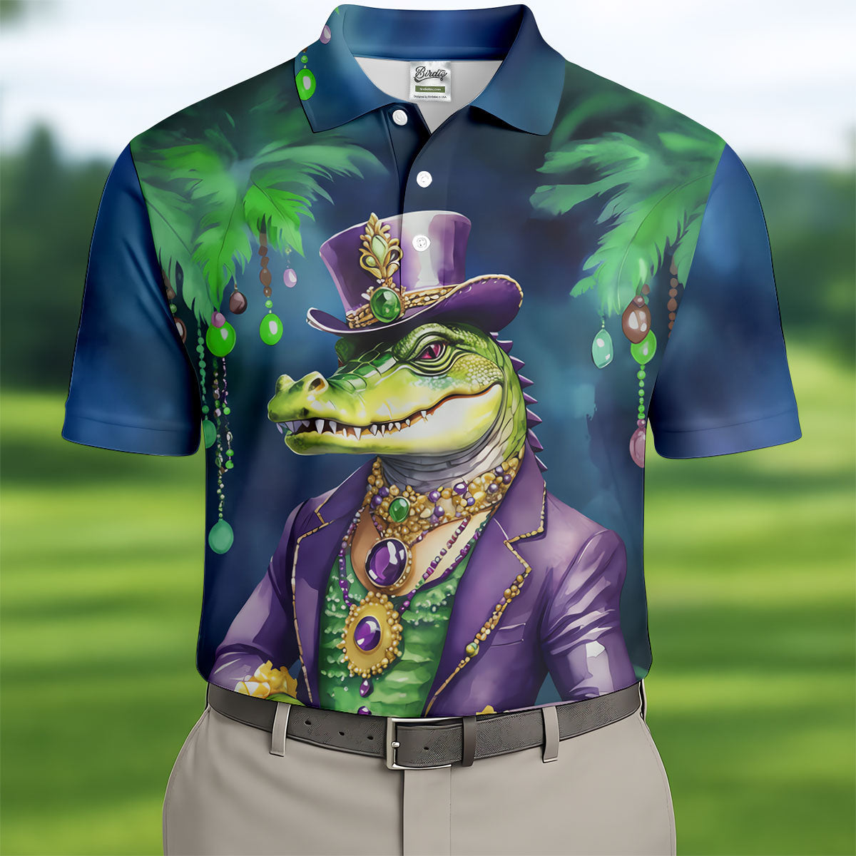 Mardi Gras Alligator Navy Golf Shirt, Men's Funny Golf Shirts, Polo ShirtFor Men, Golf Shirts For Men