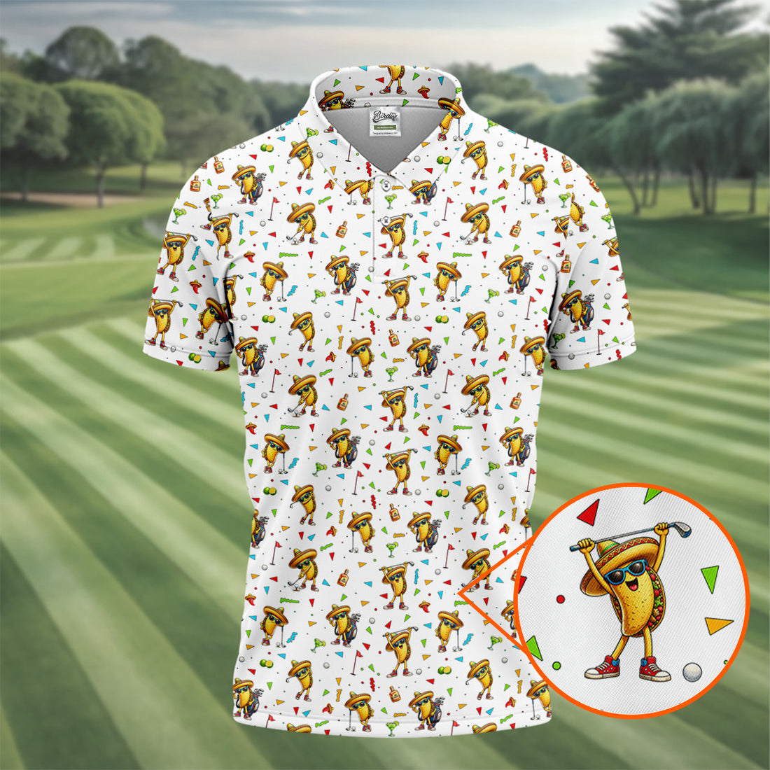 Fairway Fiesta Taco Margarita Mexico Theme White Golf Shirt, Men's Golf Shirts, Polo ShirtFor Men