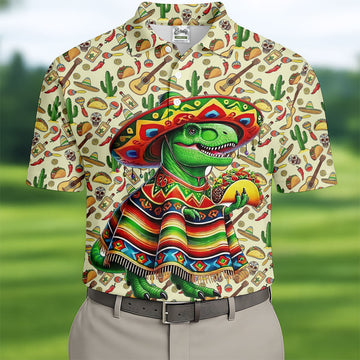 Dinosaur Taco Fiesta Time Golf Tops For Men, Cinco De Mayo Celebration Golf Shirts For Men