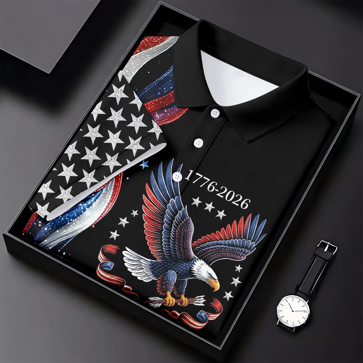 Bald Eagle Red White Blue Wavy Stripes Patriotic Golf Shirt, 250 Years 4th Of July Golf Shirt For Women