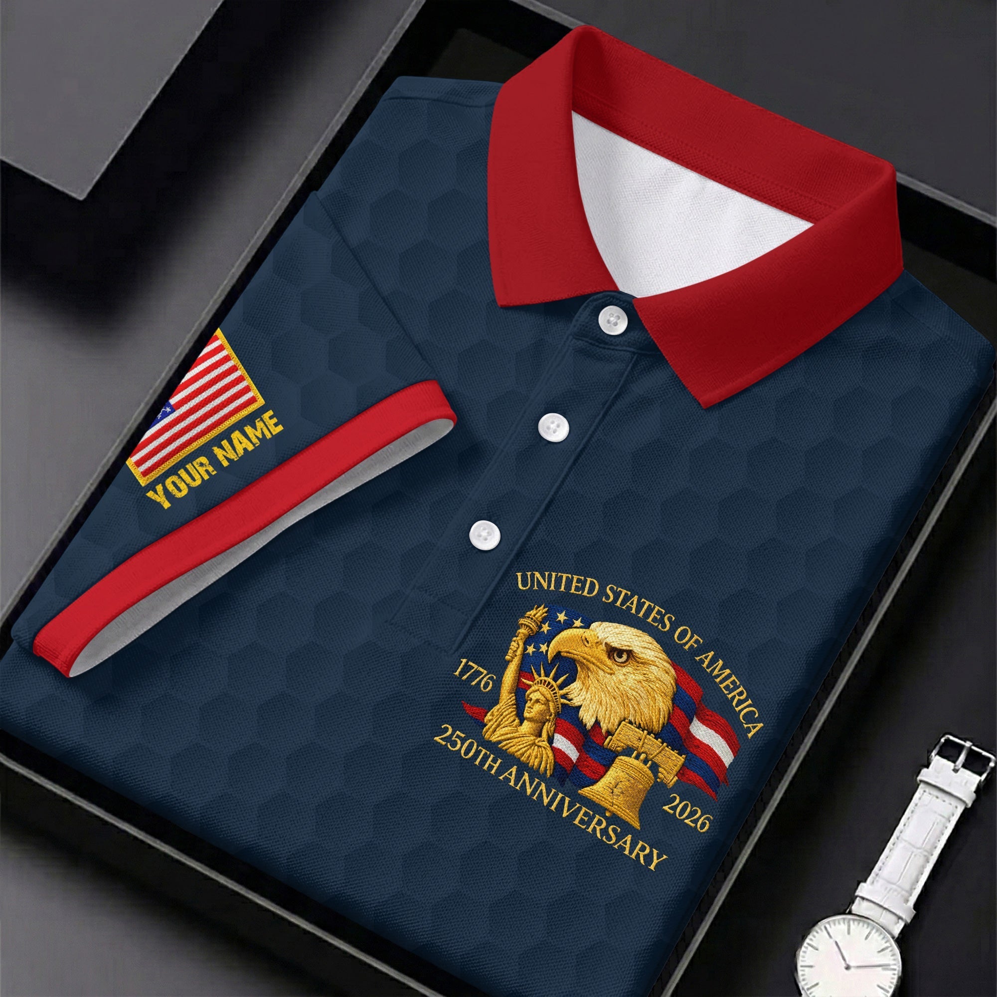 United States 250th Anniversary Patriotic Eagle Navy Custom Golf Shirts, 4th Of July Golf Shirts For Men