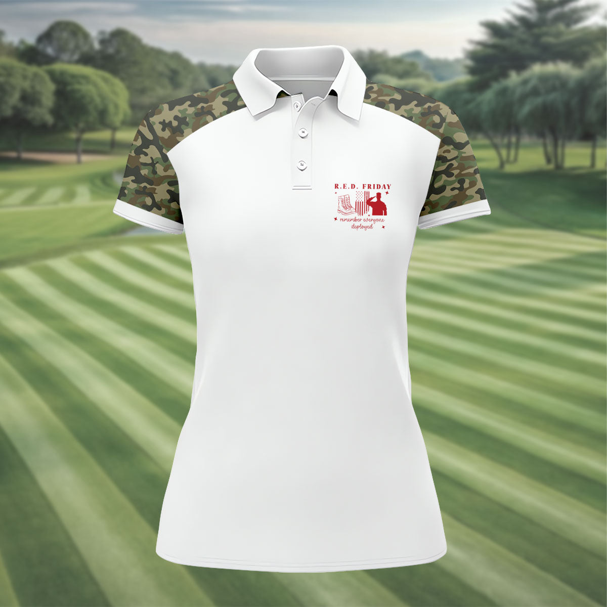 RED Friday Camo White Patriotic 4th Of July Golf Shirt, 250th Anniversary Golf Shirt For Women