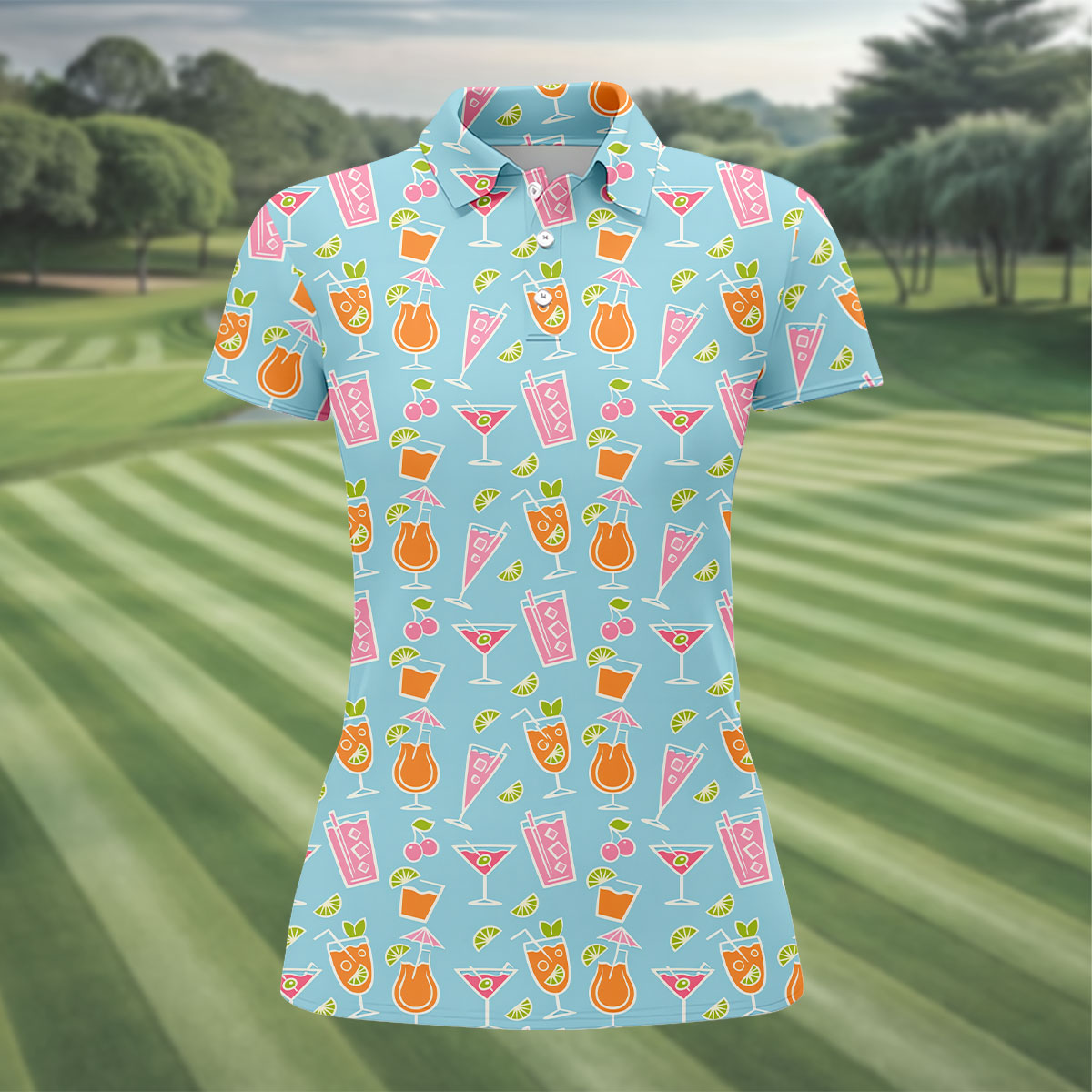Tropical Cocktail Drinks Pattern Golf Shirt, Women’s Golf Apparel, Golf Tops For Women