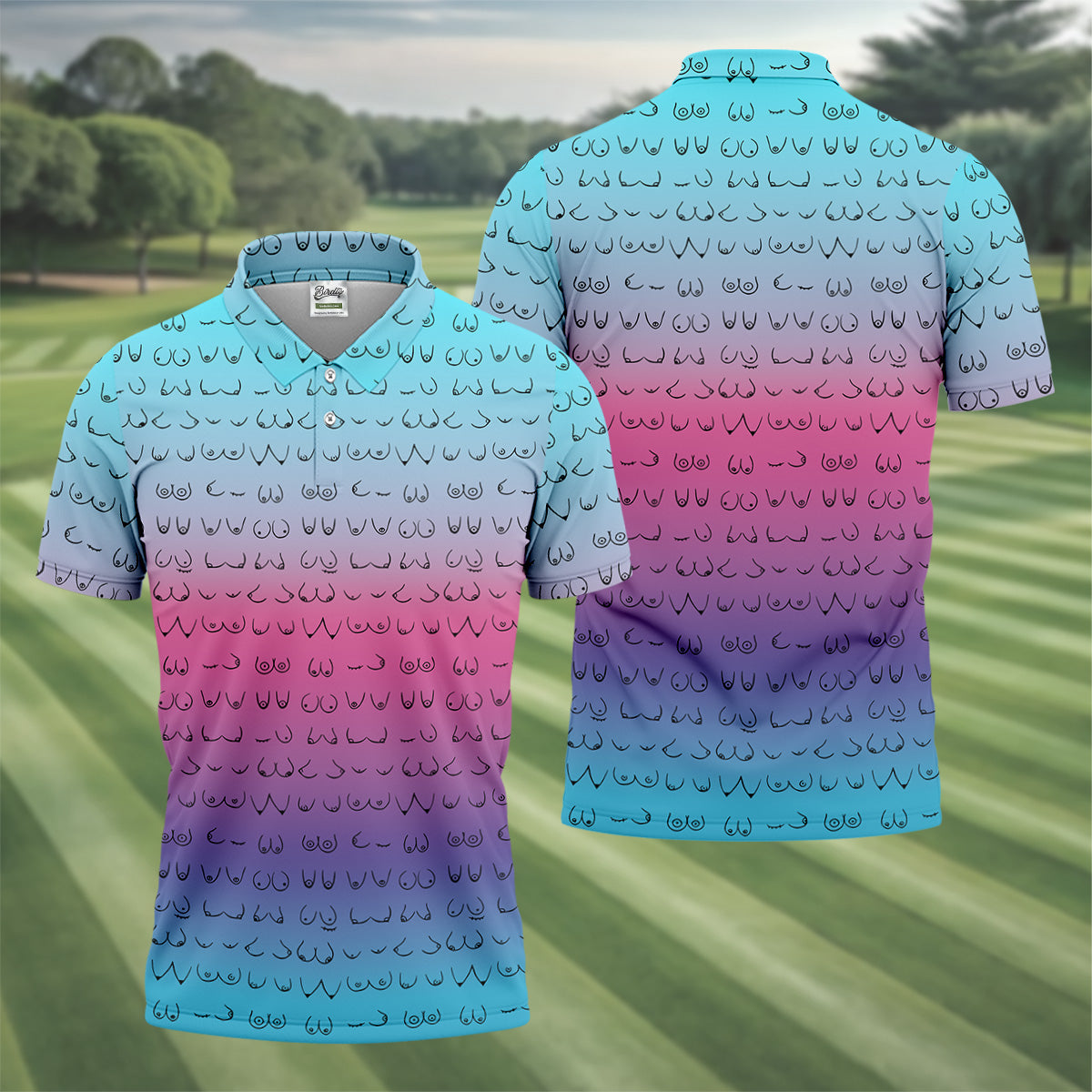 Blue Pink Ombre Mens Funny Golf Shirts , Fun Golf Shirts For Men, Men Golf Polo Shirtl Golf Gifts
