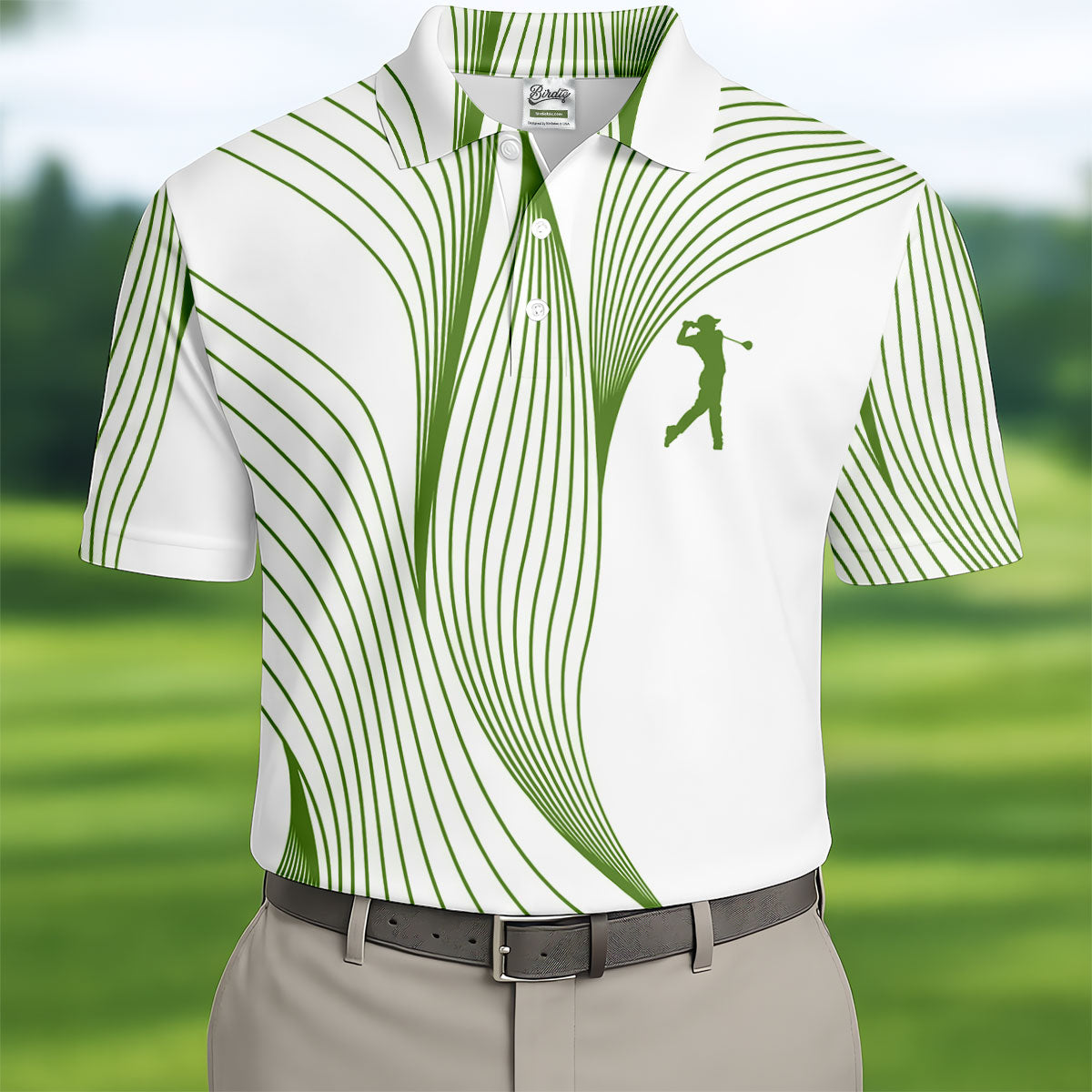 Geometric Line Wavy Line Green And White Golf Shirts For Men, Men's Golf Shirt, Polo ShirtFor Men