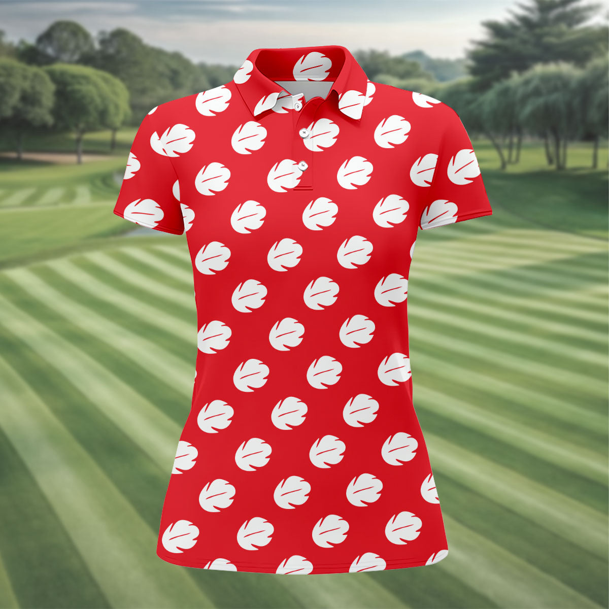 Red Tropical Leaf Hawaiian Golf Shirt, Women’s Golf Polo, Golf Shirts For Women