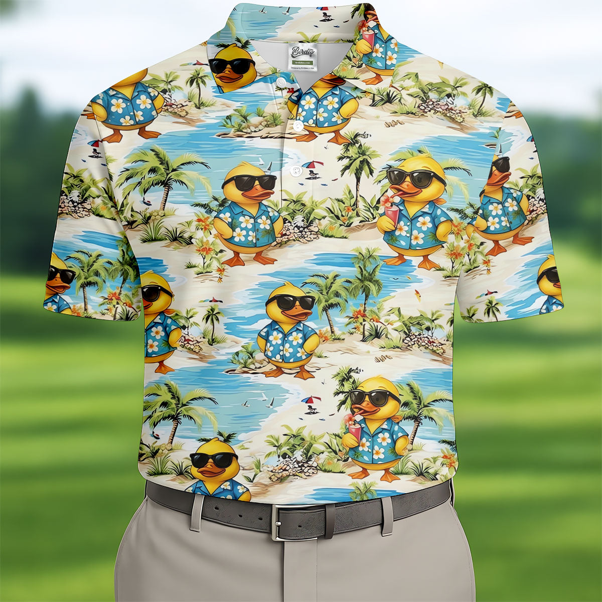 Cute Funny Duck Hawaiian Golf Shirt, Beach Theme Men's Golf Shirt, Polo Shirts For Men