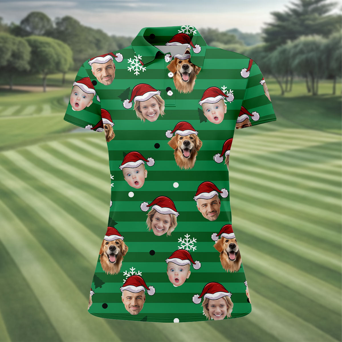 Custom Face Green Stripe Christmas Golf Shirt, Women's Golf Tops, Ladies Golf Shirts, Christmas Golf Gift