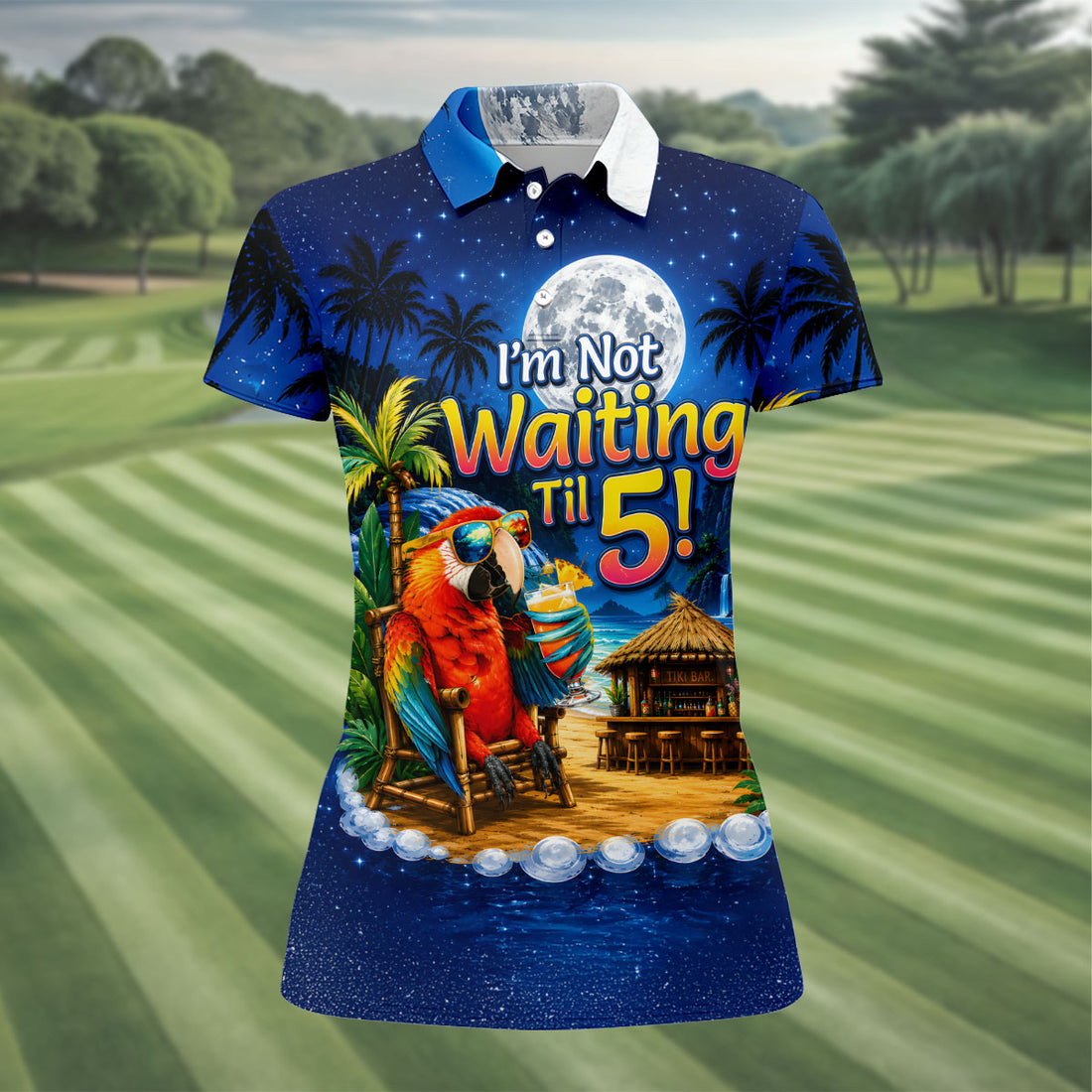 Parrot Drinking Cocktail Tiki Bar Not Waiting Til 5 Golf Shirt, Women’s Golf Polo, Golf Tops For Women, Printed Golf Shirt