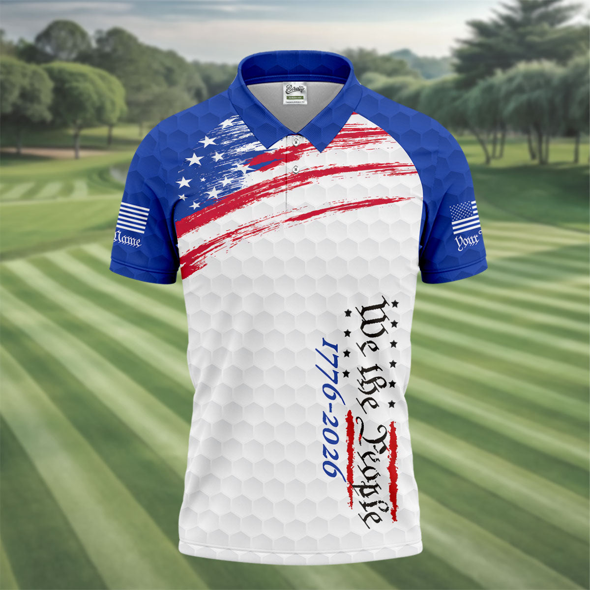 We The People 1776-2926 American Flag Brush Blue Golf Shirt, 250 Years Patriotic 4th Of July Golf Shirts For Men