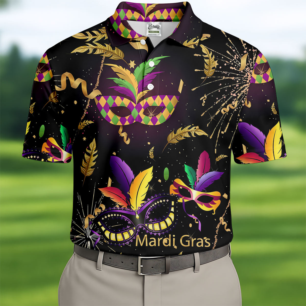 Gold Ribbons Mardi Gras Masquerade Mask Golf Tops For Men, Polo ShirtFor Men, Golf Shirts For Men
