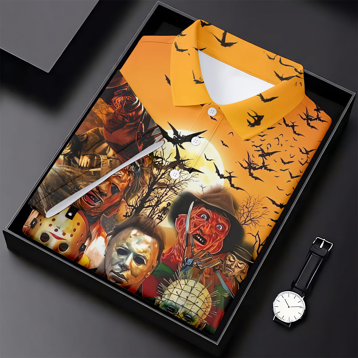 Halloween Horror Character Sunset Hawaiian Golf Shirt, Women's Golf Tops, Printed Golf Shirt