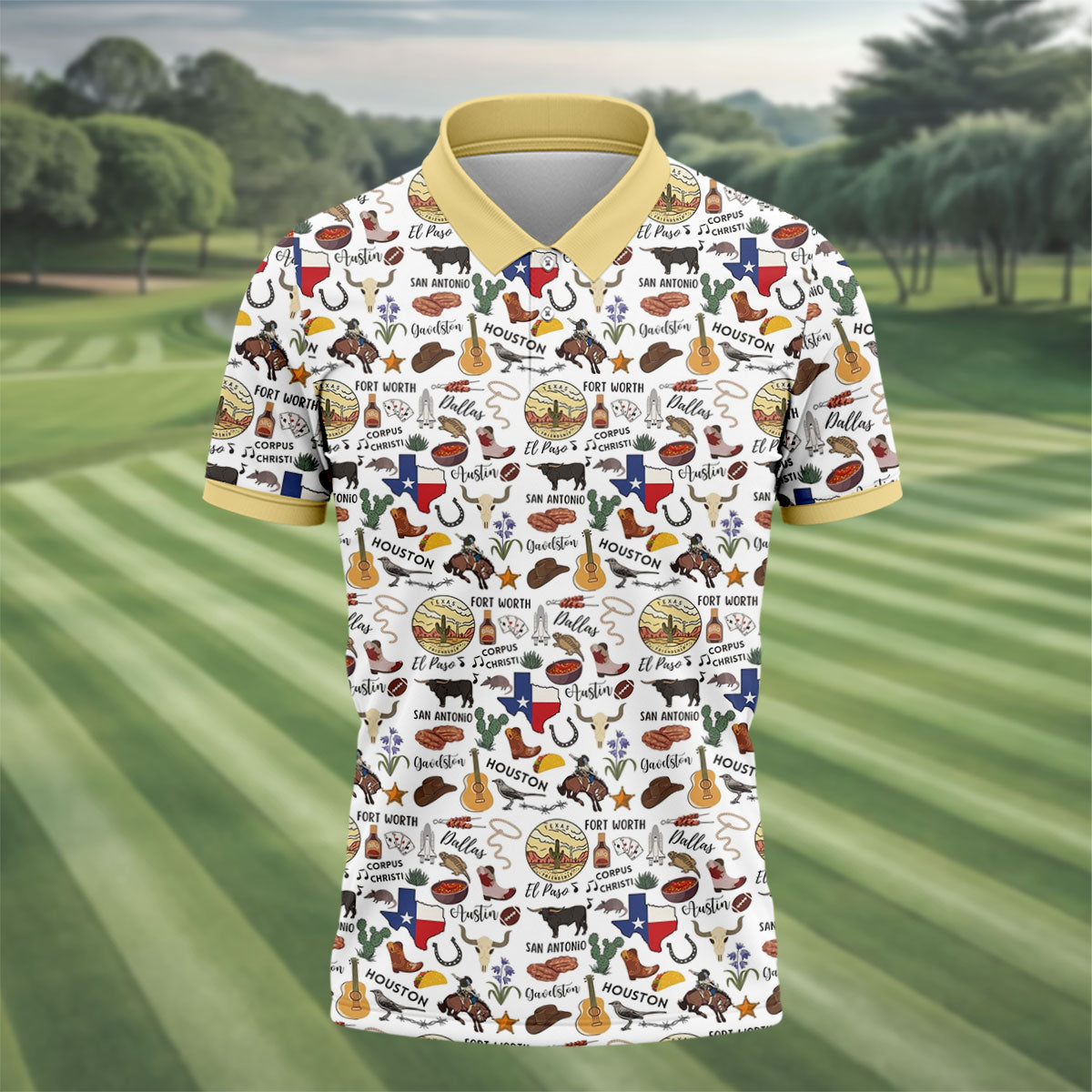 Texas Symbols Western Theme Doodle Style Golf Tops For Men, Polo Shirtor Men, Golf Shirts For Men